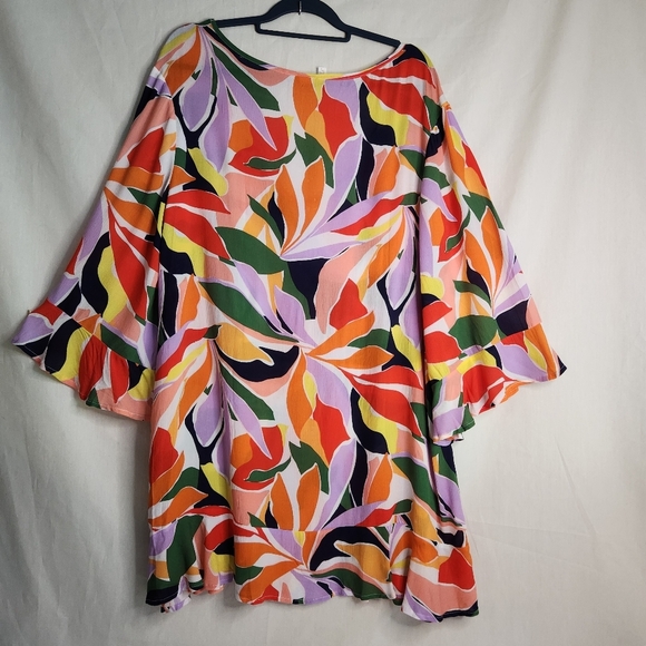 Anne Cole Multicolor Leaf Print Kimono Flounce V Neck Tunic Size 14/16 NWT - Picture 2 of 11